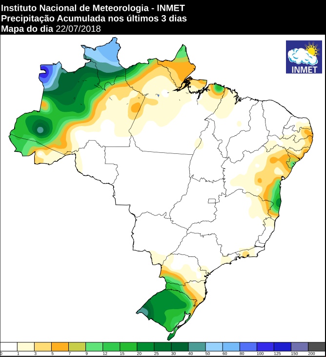 Mapa das áreas com precipitação acumulada nos últimos três dias em todo o Brasil - Fonte: Inmet