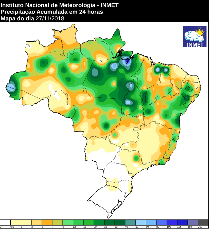 Mapa de precipitação acumulada nas últimas 24 horas em todo o Brasil - Fonte: Inmet