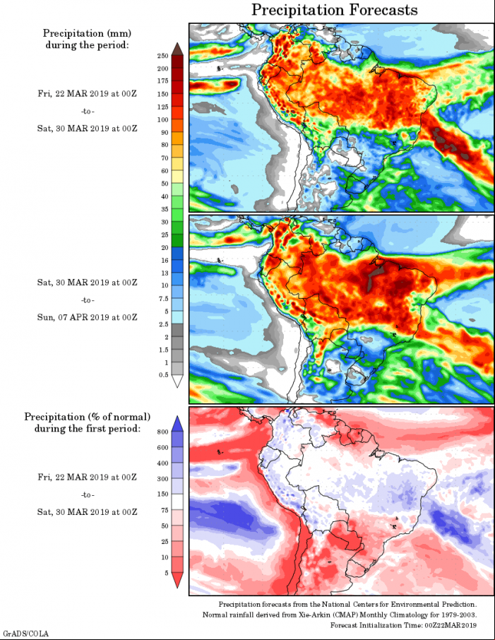 Mapa com a tendência de precipitação acumulada para o período de 21 de março até 29 de abril - Fonte: National Centers for Environmental Prediction/NOAA