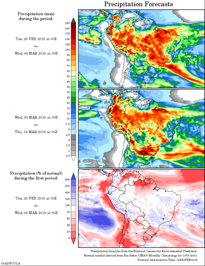 Mapa com a tendência de precipitação acumulada para o período de 26 de fevereiro até 14 de março - Fonte: National Centers for Environmental Prediction/NOAA