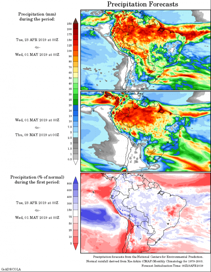 Mapa com a tendência de precipitação acumulada para o período de 23 de abril até 09 de maio - Fonte: National Centers for Environmental Prediction/NOAA