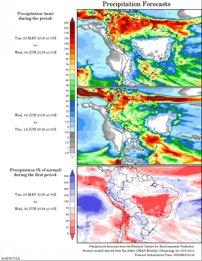 Mapa com a precipitação acumulada para o período de 29 de maio até 14 de junho - Fonte: National Centers for Environmental Prediction/NOAA