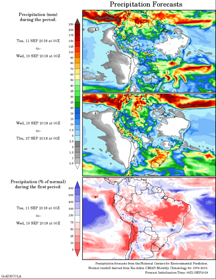 Mapa com a precipitação acumulada para o período de 11 de agosto até 27 de setembro - Fonte: National Centers for Environmental Prediction/NOAA