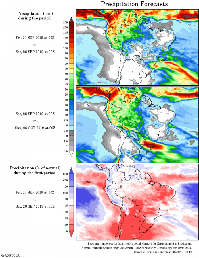 Mapa com a tendência de precipitação acumulada para o período de 20 de setembro até 06 de outubro - Fonte: National Centers for Environmental Prediction/NOAA