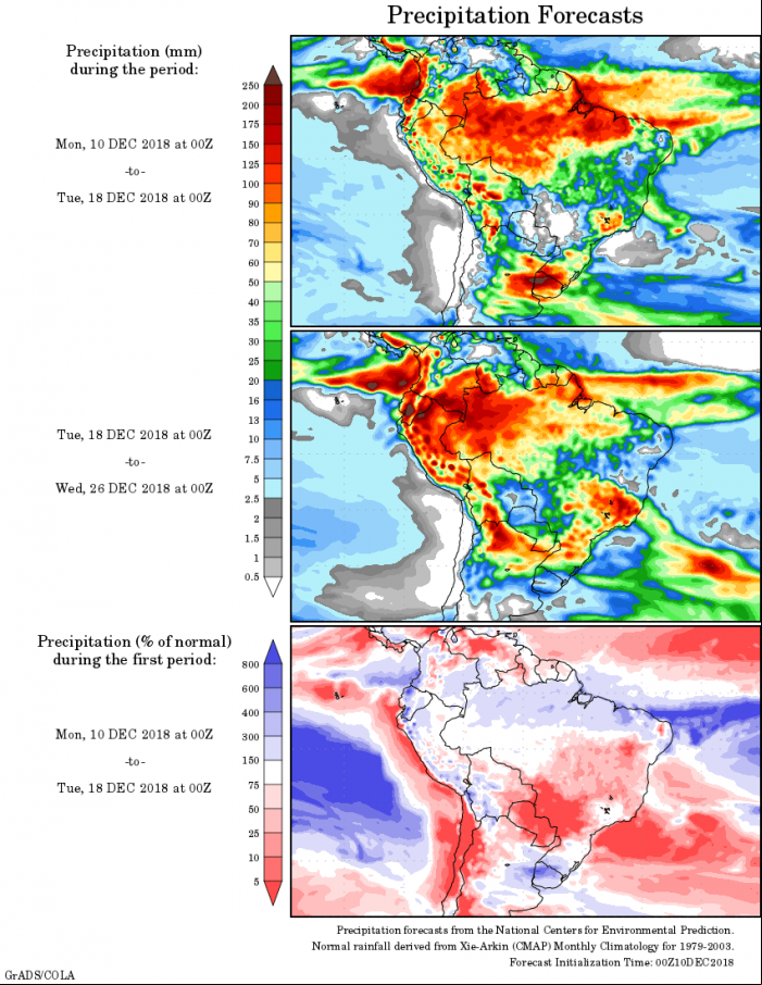 Mapa com a tendência de precipitação acumulada para o período de 10 de dezembro até 26 de dezembro - Fonte: National Centers for Environmental Prediction/NOAA