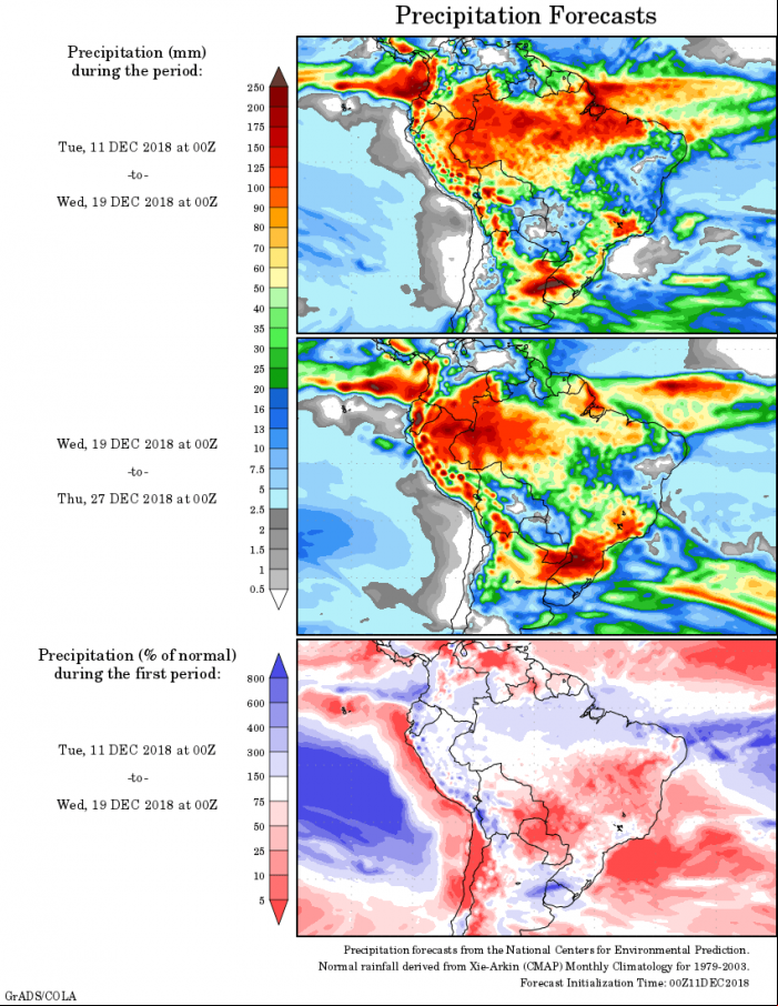 Mapa com a tendência de precipitação acumulada para o período de 11 de dezembro até 27 de dezembro - Fonte: National Centers for Environmental Prediction/NOAA