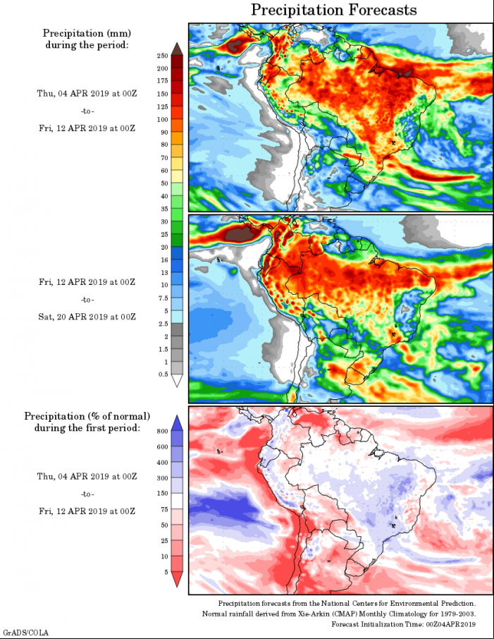 Mapa com a tendência de precipitação acumulada para o período de 04 de abril até 20 de abril - Fonte: National Centers for Environmental Prediction/NOAA