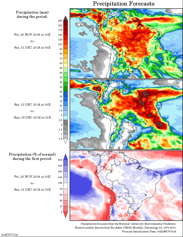 Mapa com a precipitação acumulada para o período de 23 de novembro até 09 de dezembro - Fonte: National Centers for Environmental Prediction/NOAA