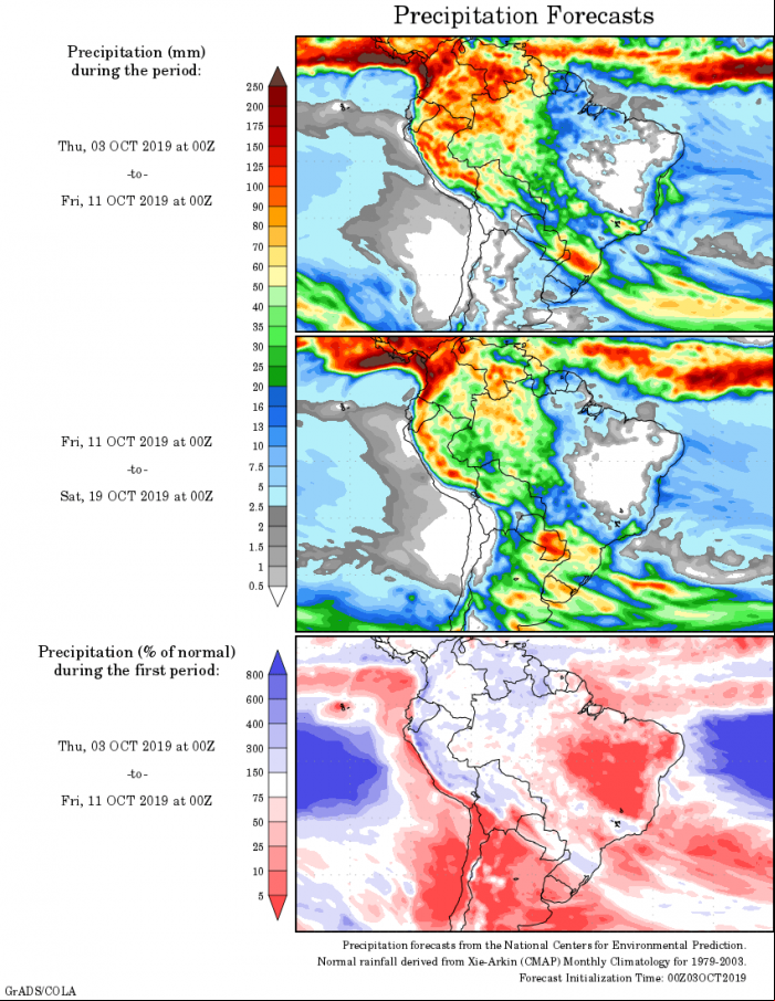 Mapa com a tendência de precipitação acumulada para o período de 03 de outubro até 19 de outubro - Fonte: National Centers for Environmental Prediction/NOAA