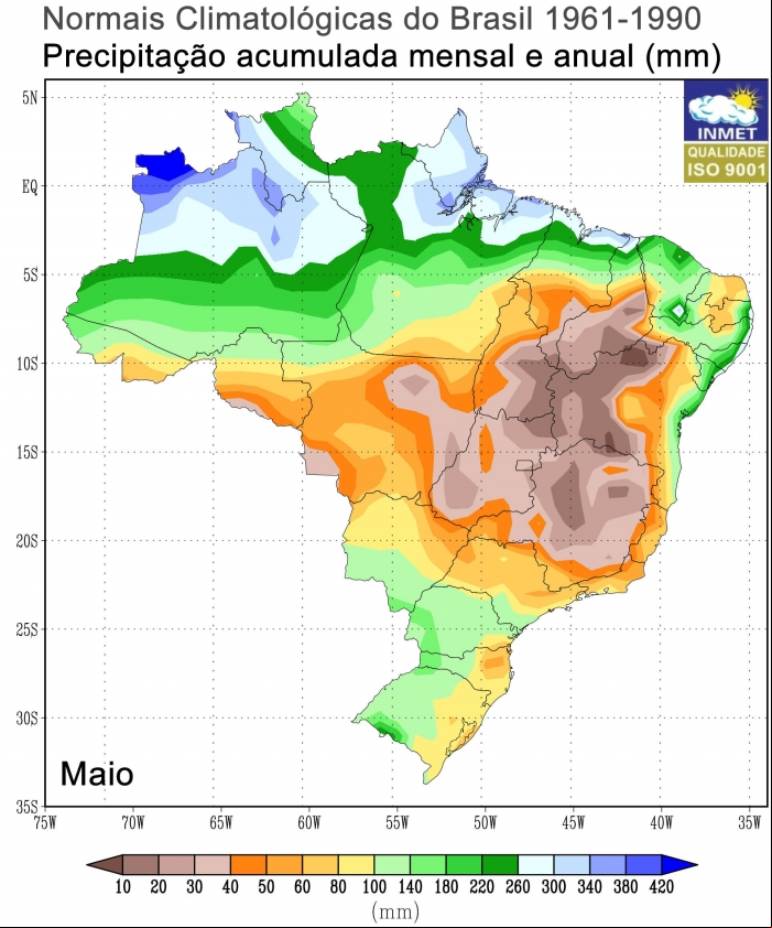 Normal climatológica de preiitação do Brasil (1961-1990) para o mês de maio - Fonte: Inmet