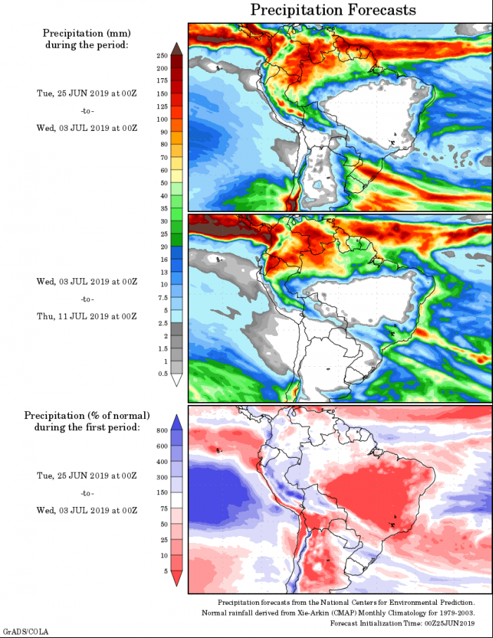 Mapa com a tendência de precipitação acumulada para o período de 03 até 11 de julho - Fonte: National Centers for Environmental Prediction/NOAA