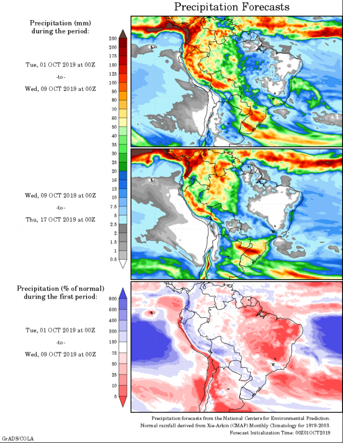 Mapa com a tendência de precipitação acumulada para o período de 01 de outubro até 17 de outubro - Fonte: National Centers for Environmental Prediction/NOAA