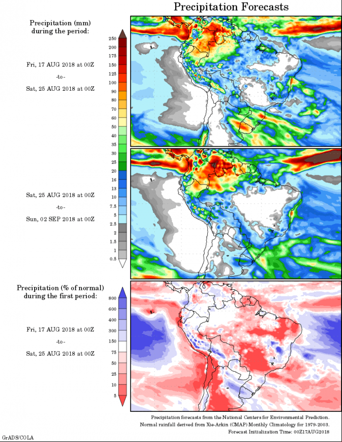 Mapa com a precipitação acumulada para o período de 17 de agosto até 02 de setembro - Fonte: National Centers for Environmental Prediction/NOAA