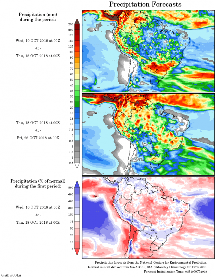 Mapa com a precipitação acumulada para o período de 08 de outubro até 24 de outubro - Fonte: National Centers for Environmental Prediction/NOAA