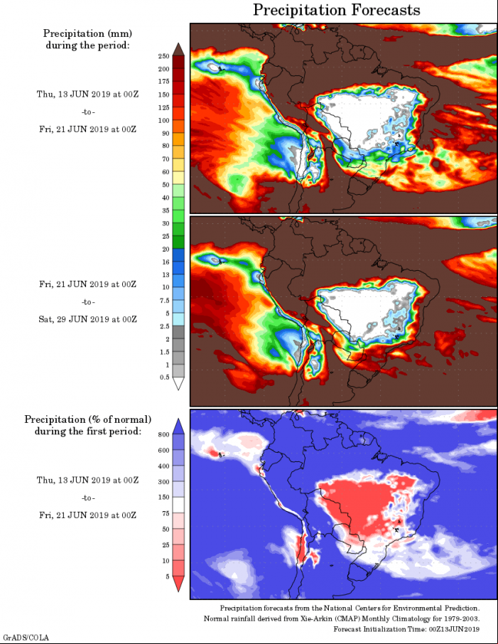 Mapa com a tendência de precipitação acumulada para o período de 13 até 29 de junho - Fonte: National Centers for Environmental Prediction/NOAA