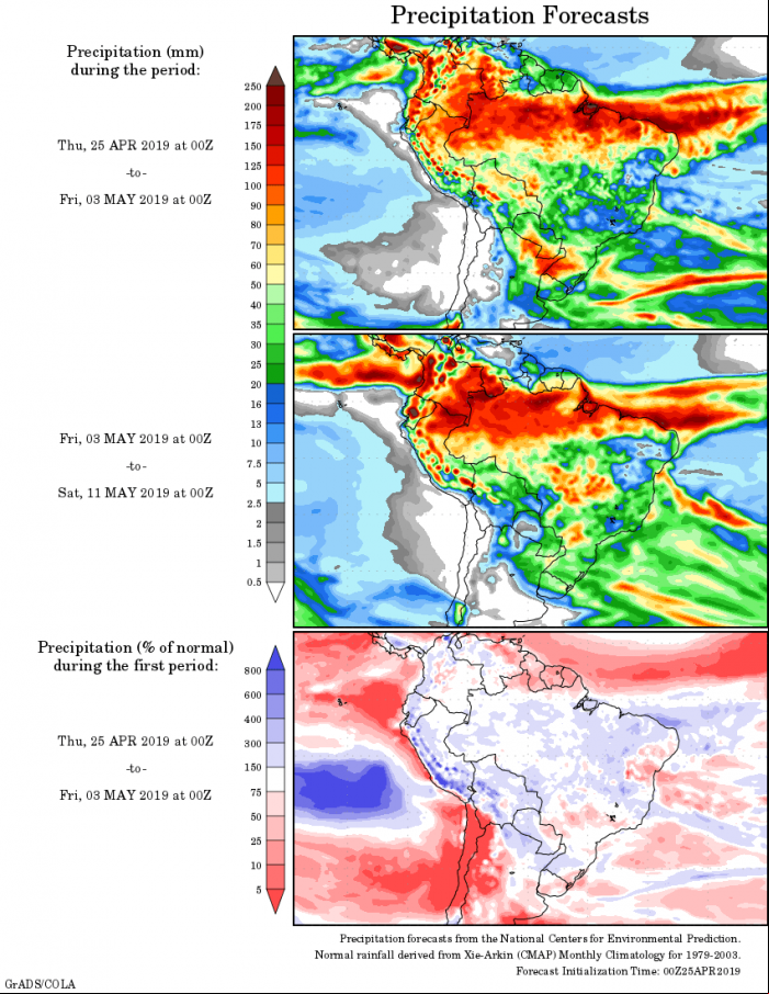Mapa com a tendência de precipitação acumulada para o período de 25 de abril até 11 de maio - Fonte: National Centers for Environmental Prediction/NOAA