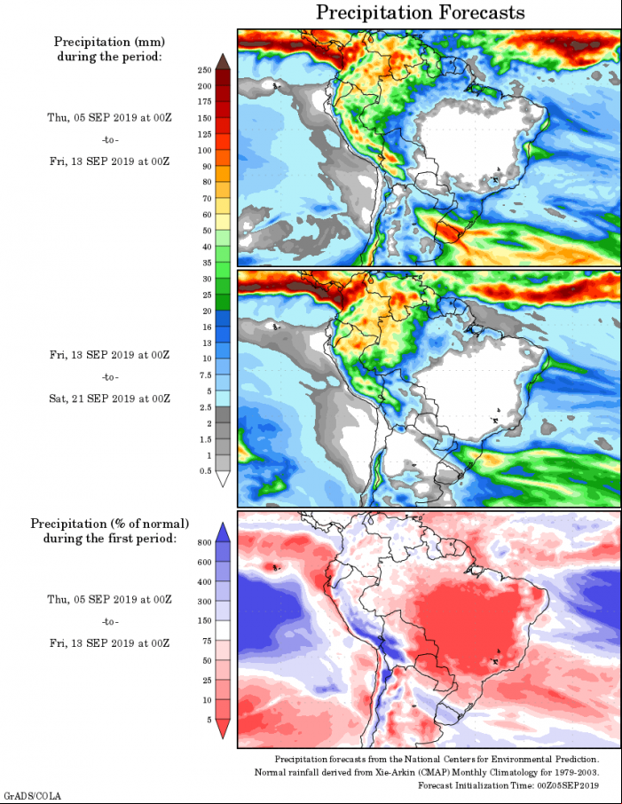 Mapa com a tendência de precipitação acumulada para o período de 05 até 21 de setembro - Fonte: National Centers for Environmental Prediction/NOAA