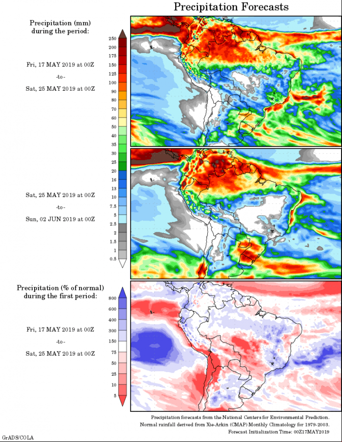 Mapa com a tendência de precipitação acumulada para o período de 17 de maio até 02 de junho - Fonte: National Centers for Environmental Prediction/NOAA