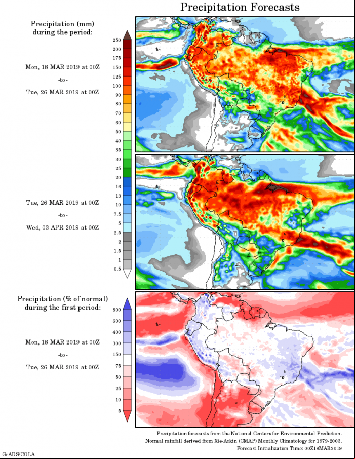 Mapa com a tendência de precipitação acumulada para o período de 18 de março até 03 de abril - Fonte: National Centers for Environmental Prediction/NOAA